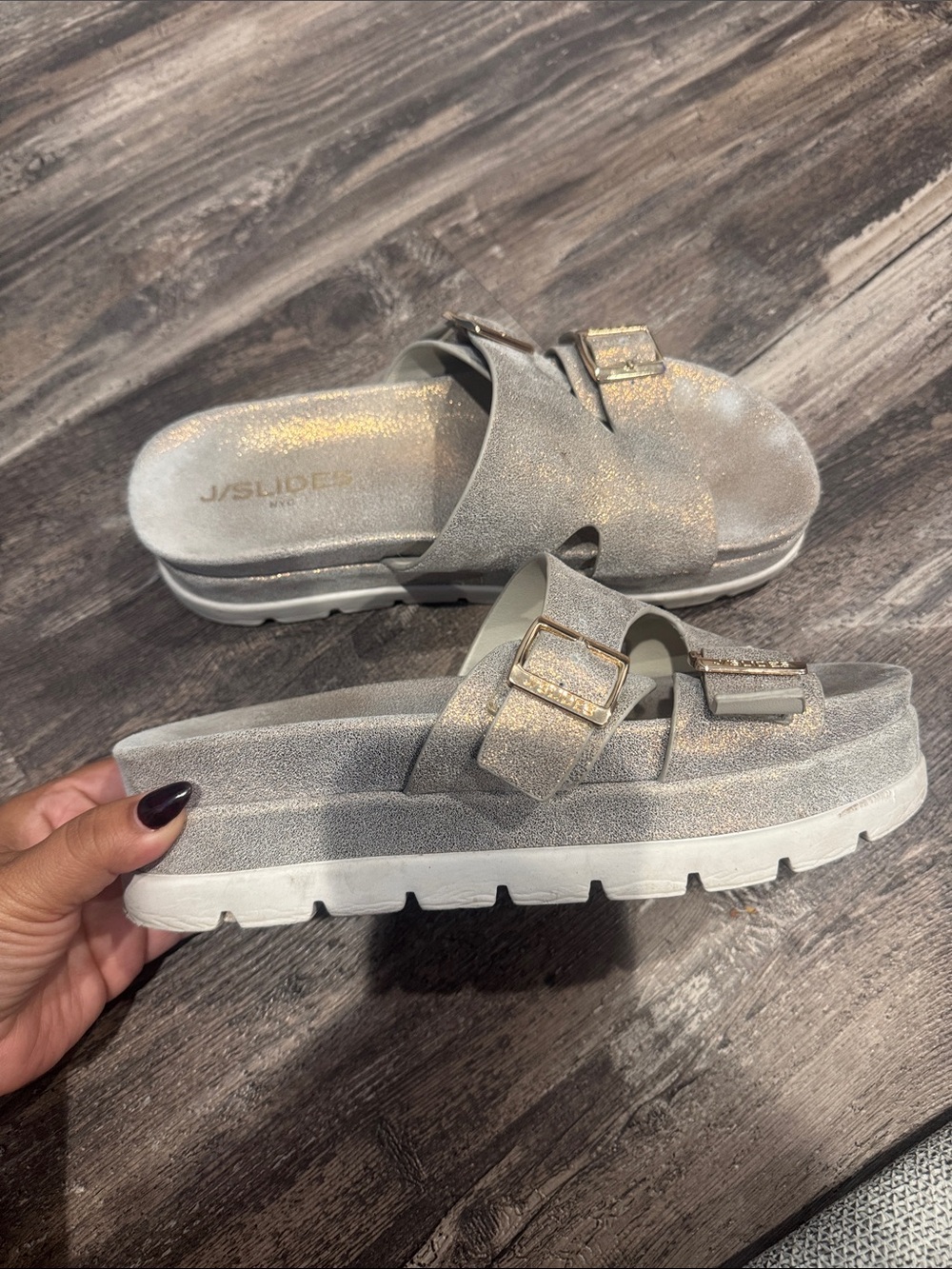 J/SLIDES Glitter Silver Platform Slide Sandals with Buckles